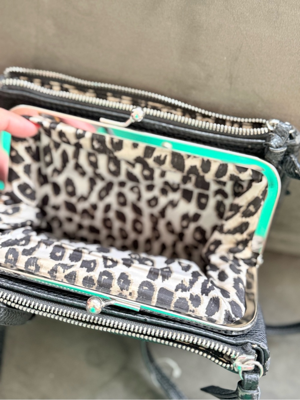 Nine West Black Crossbody Wallet with Teal Trim and Leopard Interior